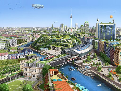 An aerial view of a futuristic, sustainable Berlin